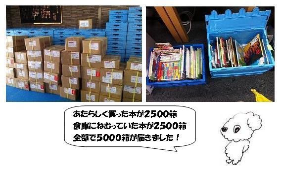 新しく買った本が２５００箱、倉庫に眠っていた本が２５００箱、全部で５０００箱が届きました！