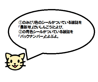 ①のみどりのシールがついている雑誌を「最新号」（さいしんごう）とよび、②の青いシールがついている雑誌を「バックナンバー」とよぶよ。